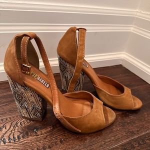 Suede Camel Ankle Strap Heeled Sandals - Size 7 - Block heel